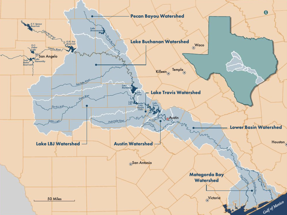 The Lower Colorado River Watershed stretches from Lake O.H. Ivie in Concho, Coleman, and Runnels counties to the Gulf of Mexico.